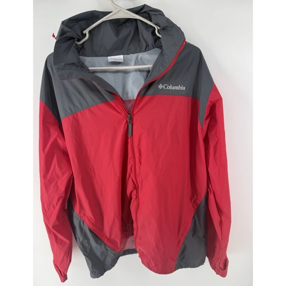 Columbia Jacket Mens L Red Gray Hooded Full Zip Windbreaker Lightweight Outdoor